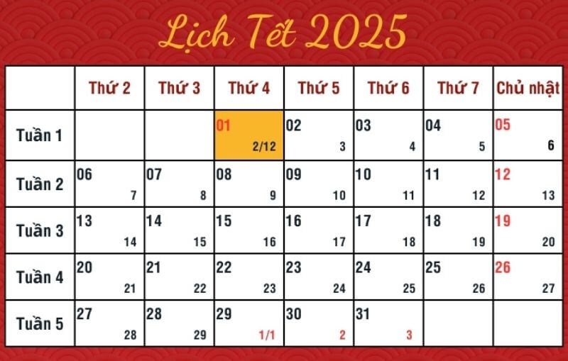 Lịch Tết Dương lịch 2025